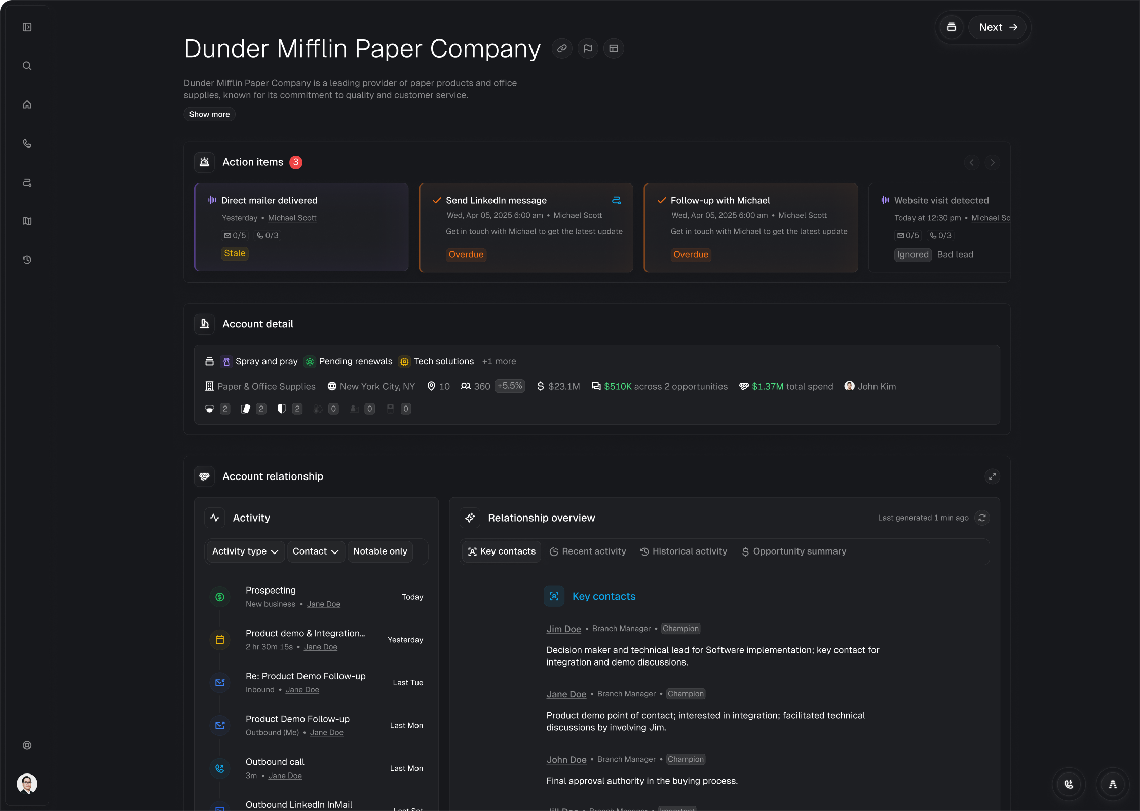 Athean account view with action items, account detail, and relationship overview