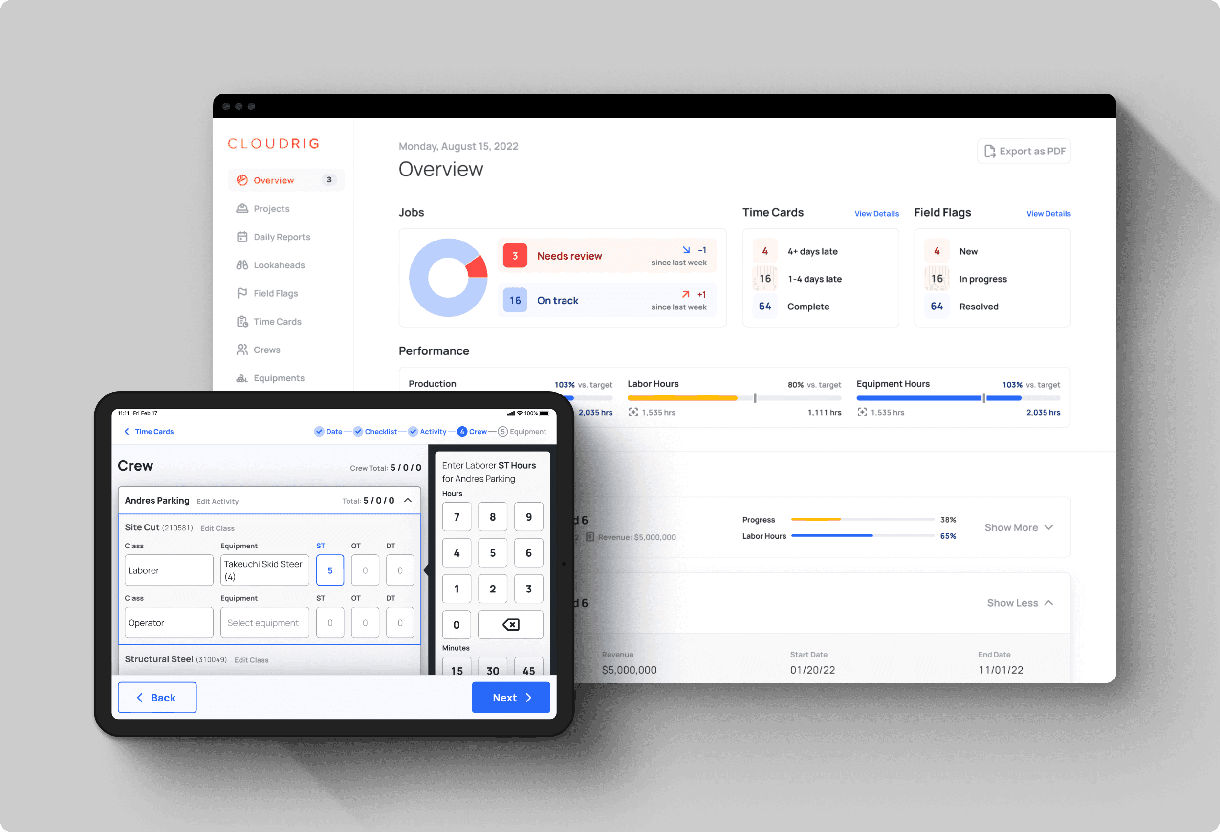 CloudRig web dashboard with iPad field-ops companion