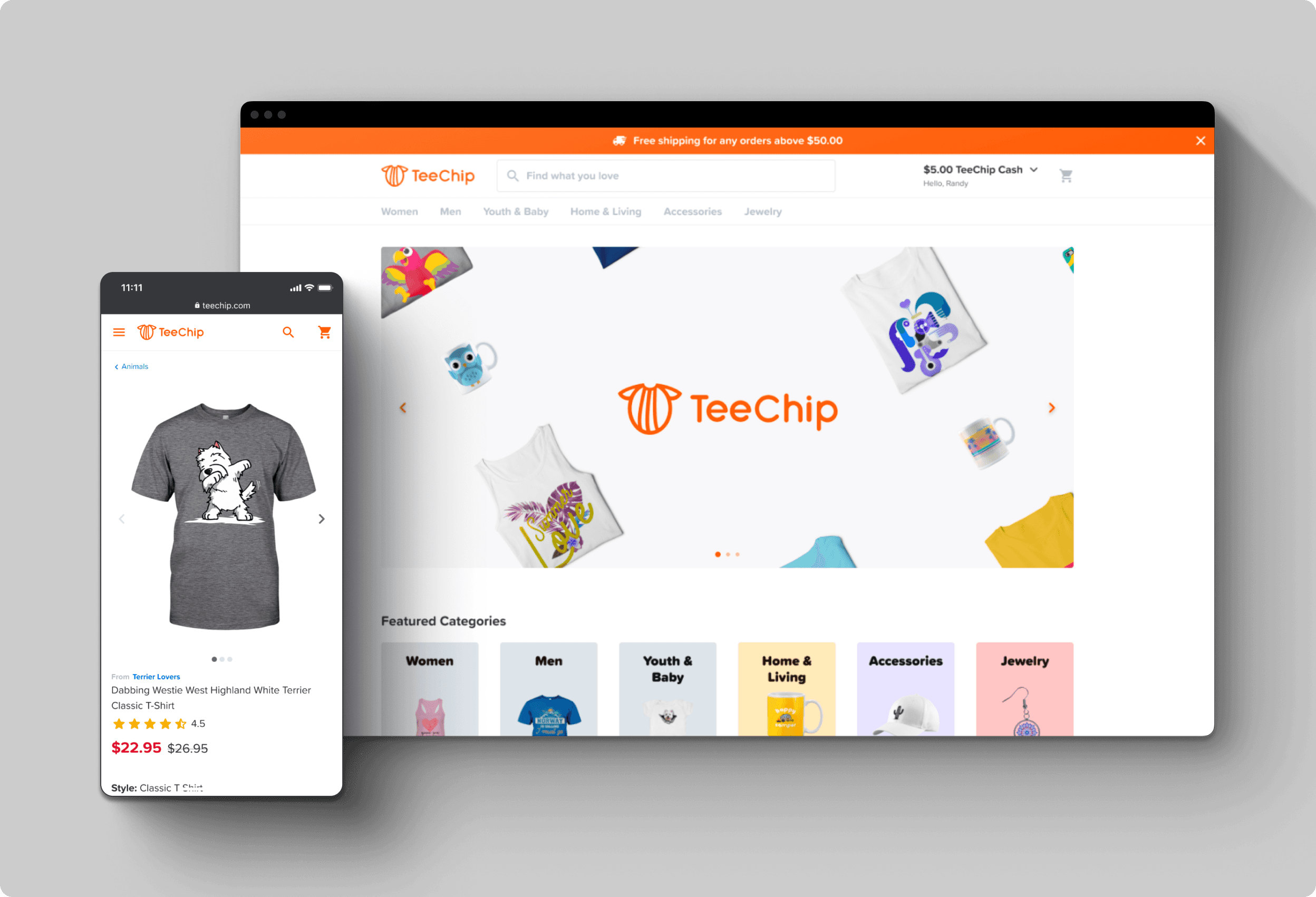 TeeChip marketplace surface, web and mobile